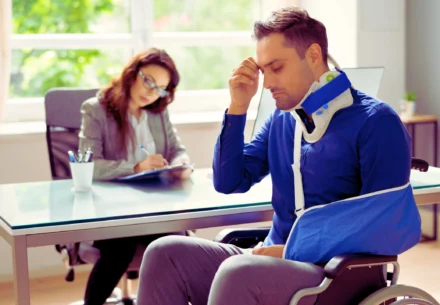 Sad injured man talking to his lawyer.