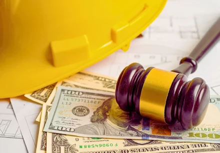 Yellow safety hat, money and a gavel.