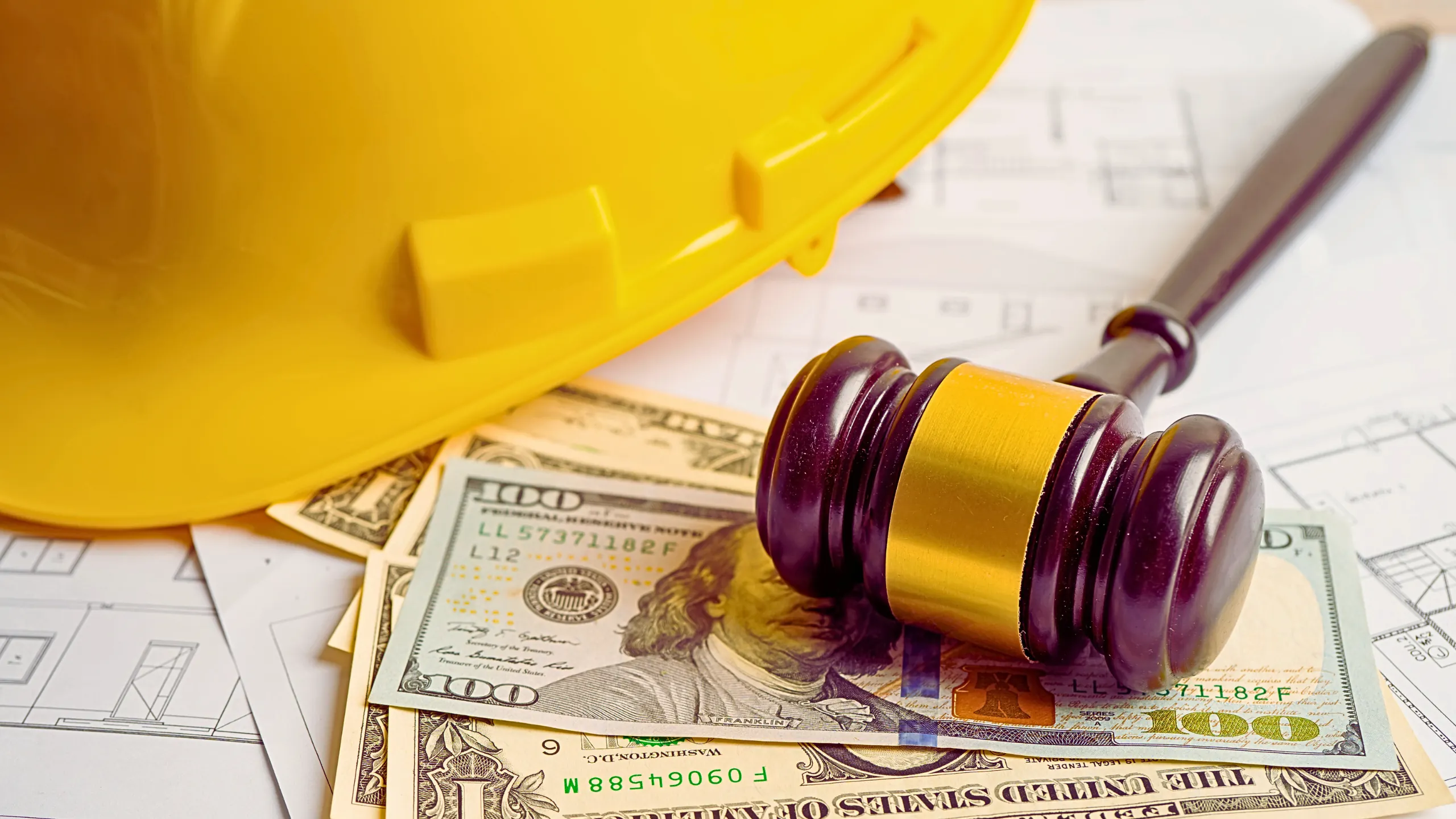 Introduction to Trial Talk: Michael Joseph’s Insights on Construction 1 Yellow safety hat, money and a gavel.