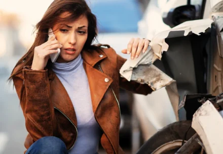 Worried woman using her phone next to her wrecked car.