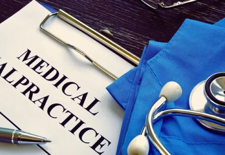 Medical malpractice text written on a paper.