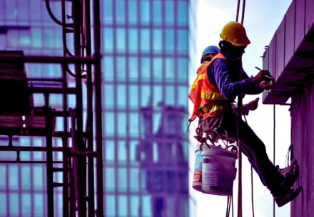 Laborers working on a building.