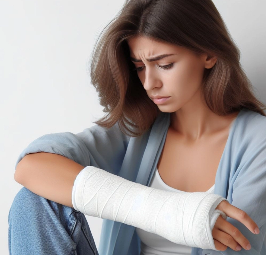 An injured woman looks down at her cast.