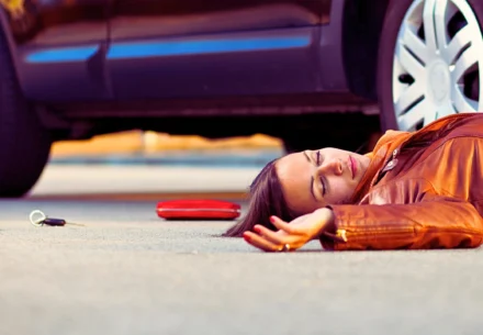 Woman in leather jacket hit by a car.