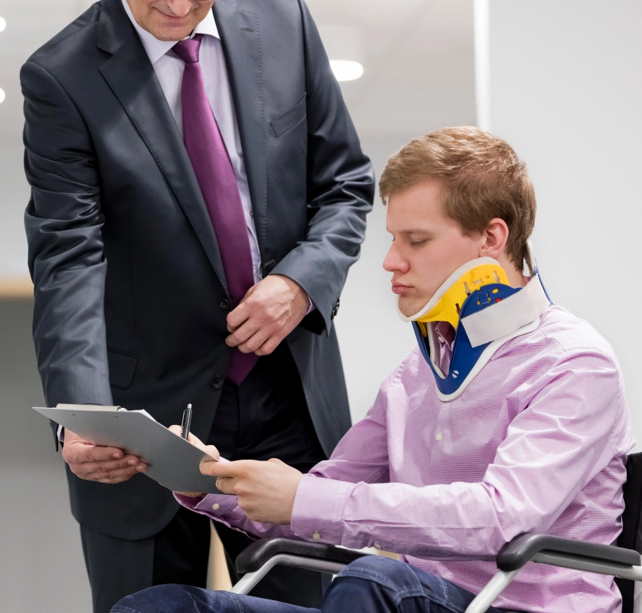 A man in a neck brace signs documents.