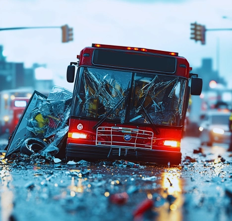 A red double-decker bus that has been severely damaged in a crash.