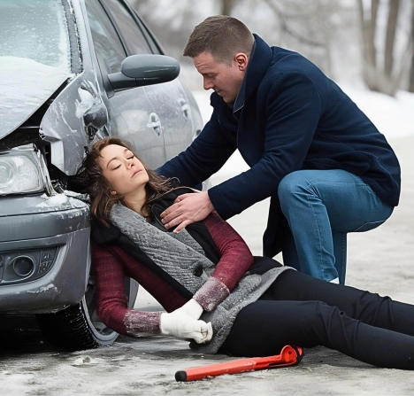 a woman lying on the snow next to a damaged car, appearing injured with a bandage on her arm.