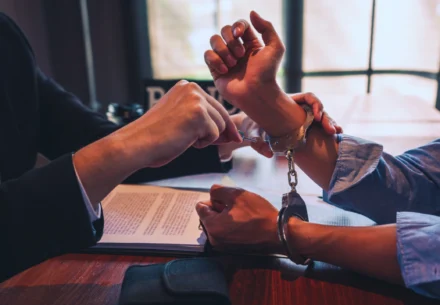 A person in a suit unlocking handcuffs on another person's wrists.