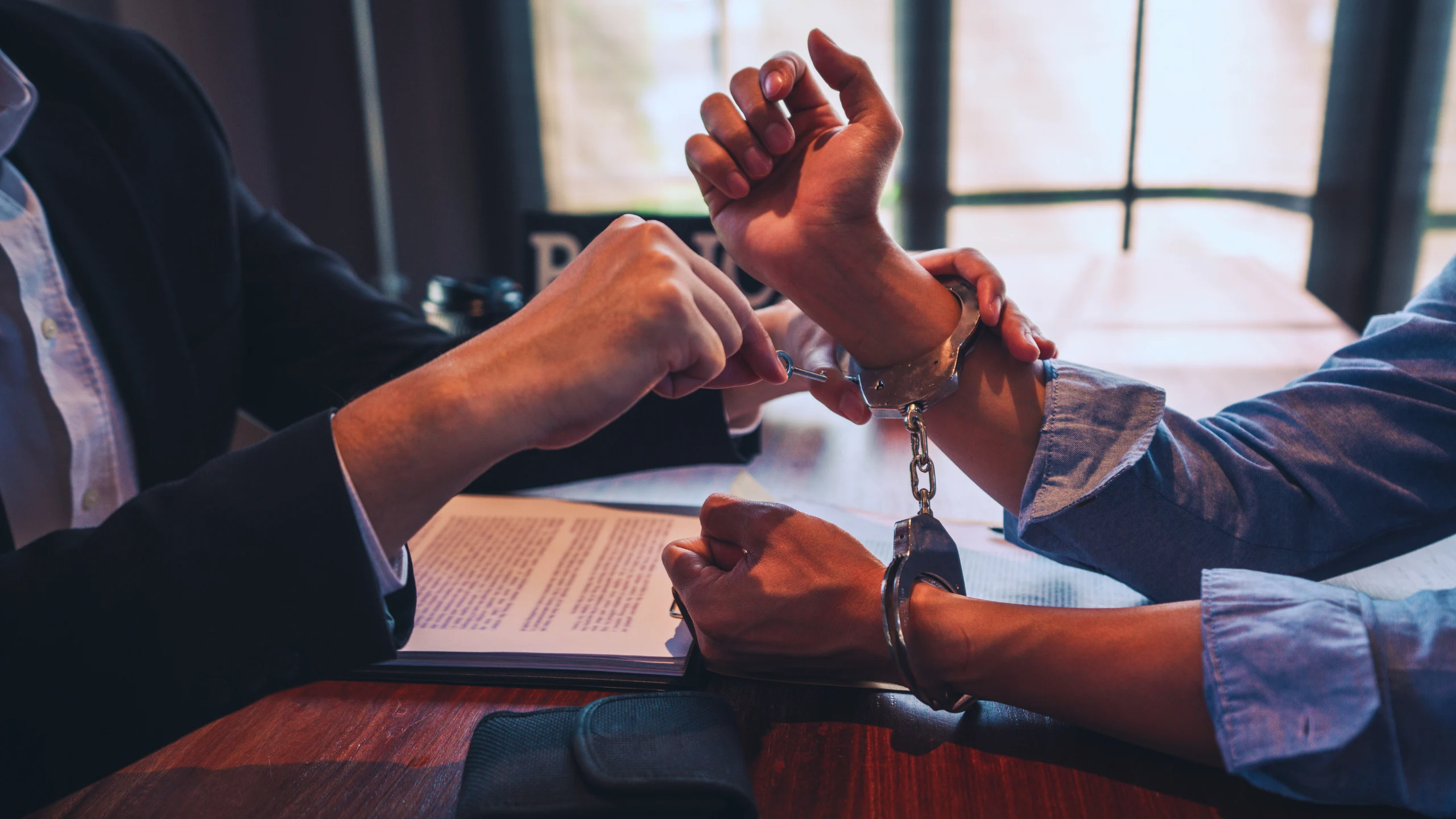Defendant’s Right to Release On A Felony- New York Criminal Procedure Law 180.80 1 A person in a suit unlocking handcuffs on another person's wrists.