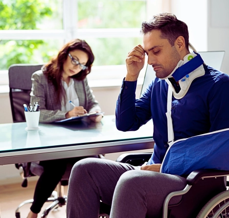 a man in a wheelchair with his arm in a sling and a neck brace, indicating he has sustained injuries.