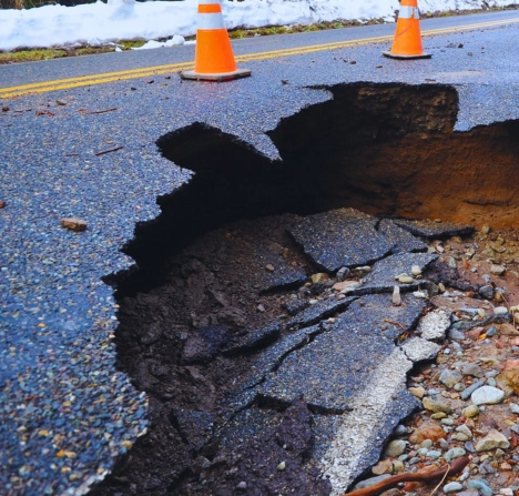 Large sinkhole in road with orange traffic cones.