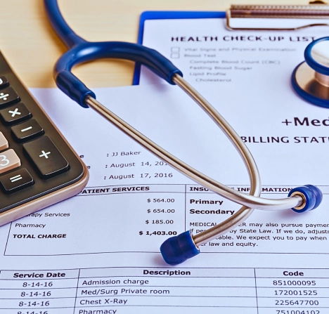 Stethoscope and calculator on medical billing statement.