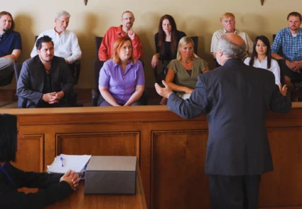 A lawyer in a suit addresses a diverse jury in a courtroom.