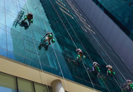 Laborers working on a building cleaning windows.