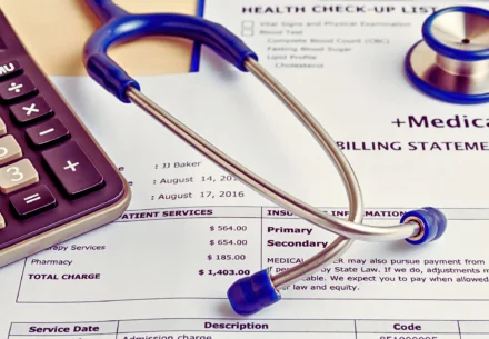 Medical bills and stethoscope,