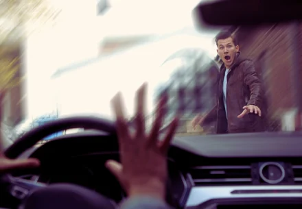 Shocked guy about to get hit by a car.