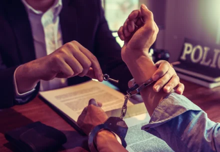 Police removing handcuff to a suspect.
